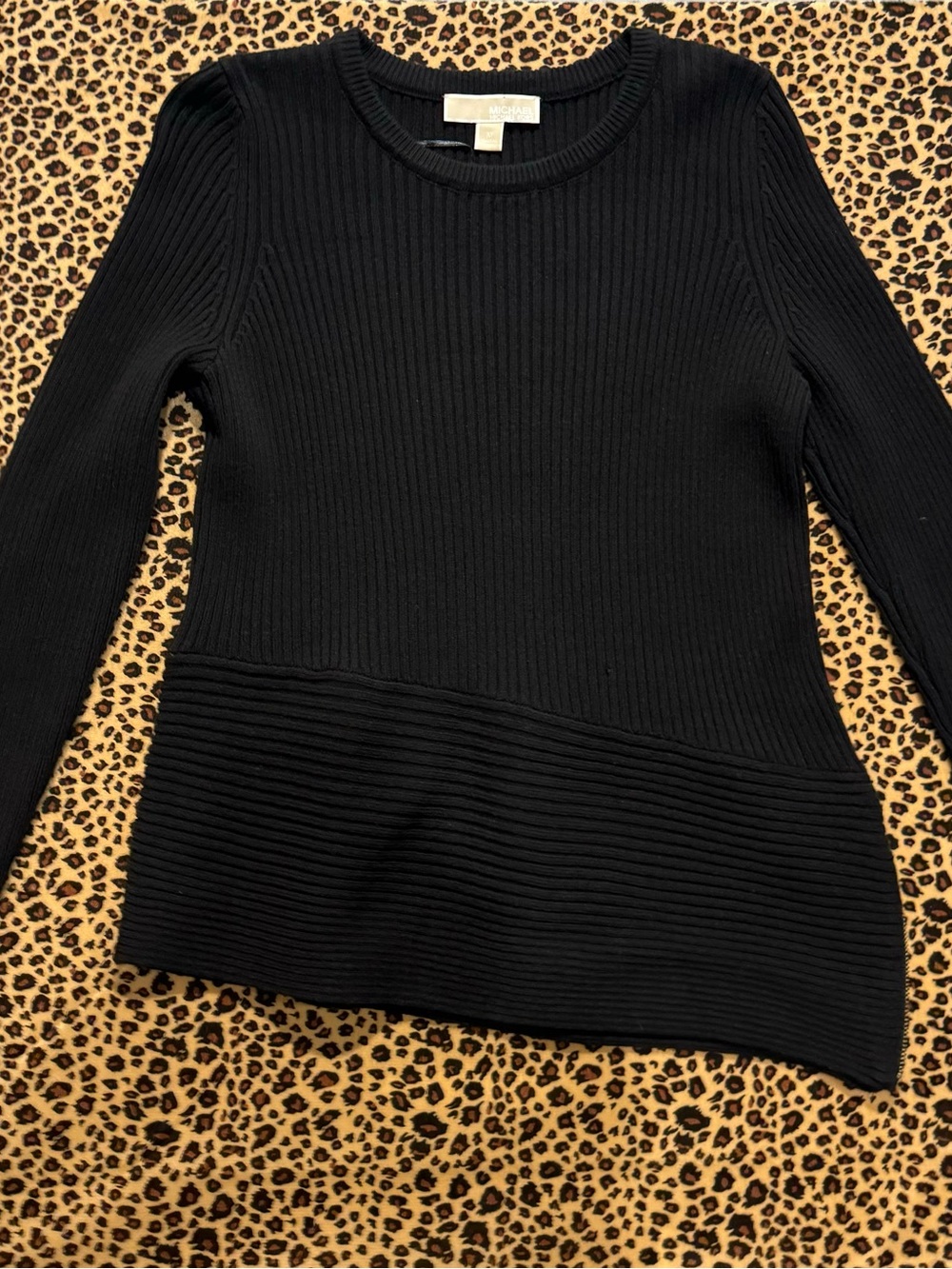 Michael Kors Black Ribbed Crewneck Sweater with Asymmetrical Hem